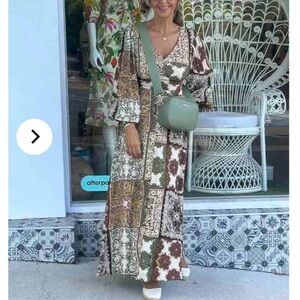 Elegant Patchwork Maxi Dress in Green and Brown